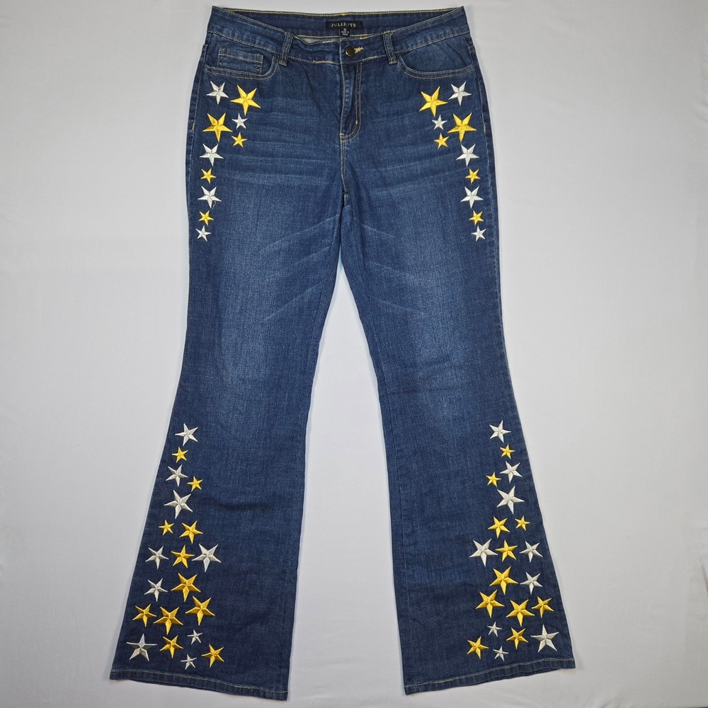 Juliette Embroidered‎ Star Flare Jeans Women 10 Gold Silver Boho Retro Denim